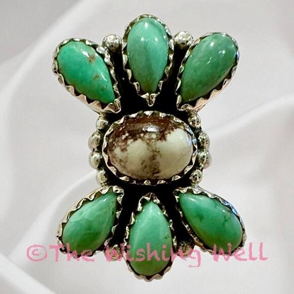 Kingman Turquoise Wildhorse Jasper Cluster Ring Sterling Silver Adjst 5-10 - Picture 1 of 6
